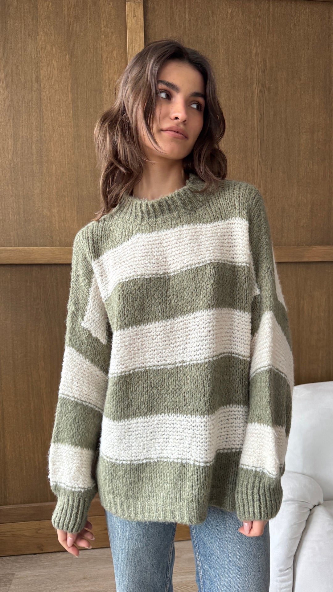 Maisie Sweater - Off-White - Khaki Stripes