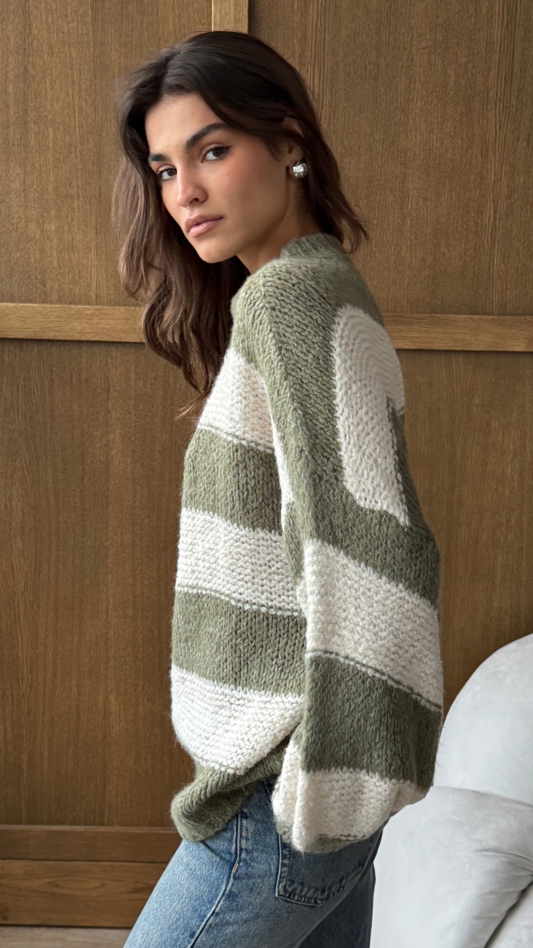 Maisie Sweater - Off-White - Khaki Stripes