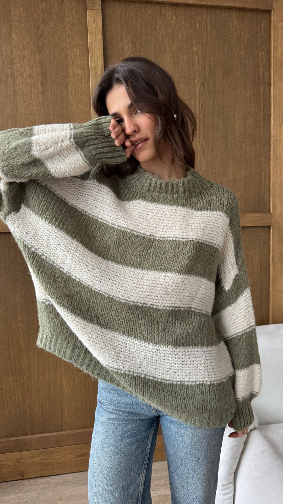 Maisie Sweater - Off-White - Khaki Stripes