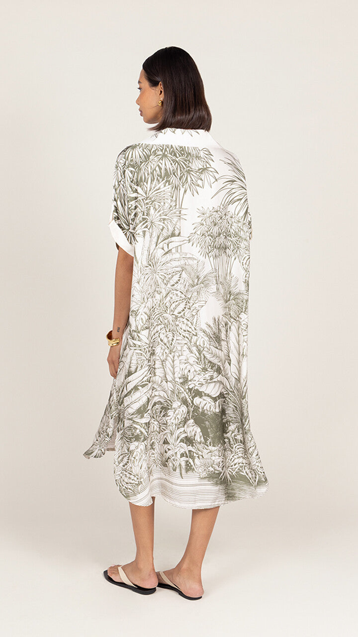 Marina Satin Dress - Khaki Tropical Print