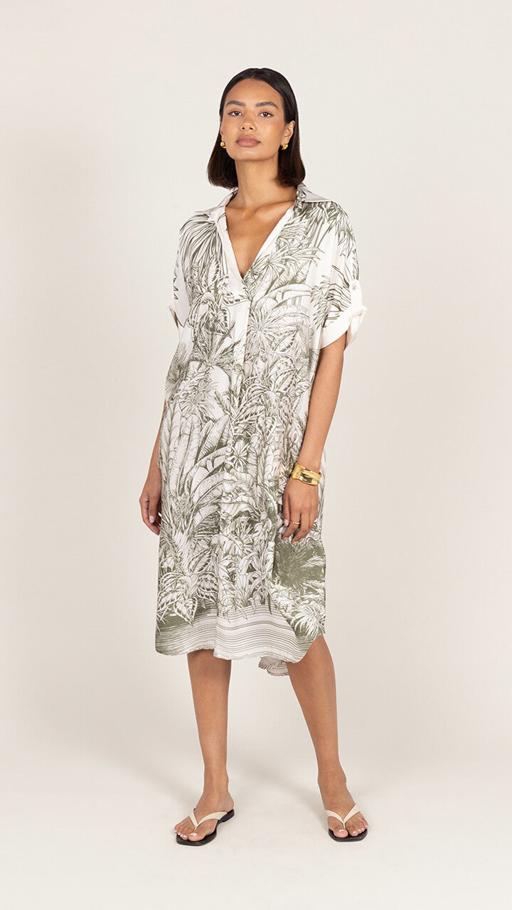 Marina Satin Dress - Khaki Tropical Print