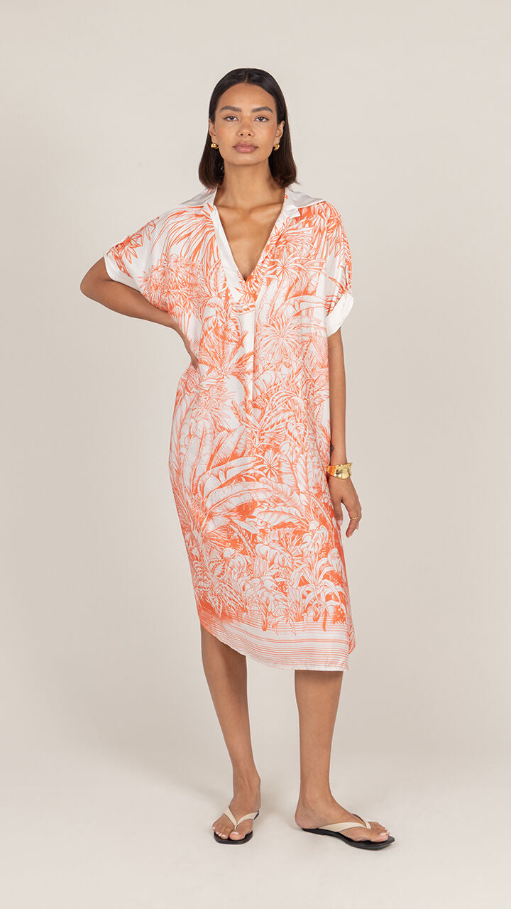 Marina Satin Dress - Coral Tropical Print