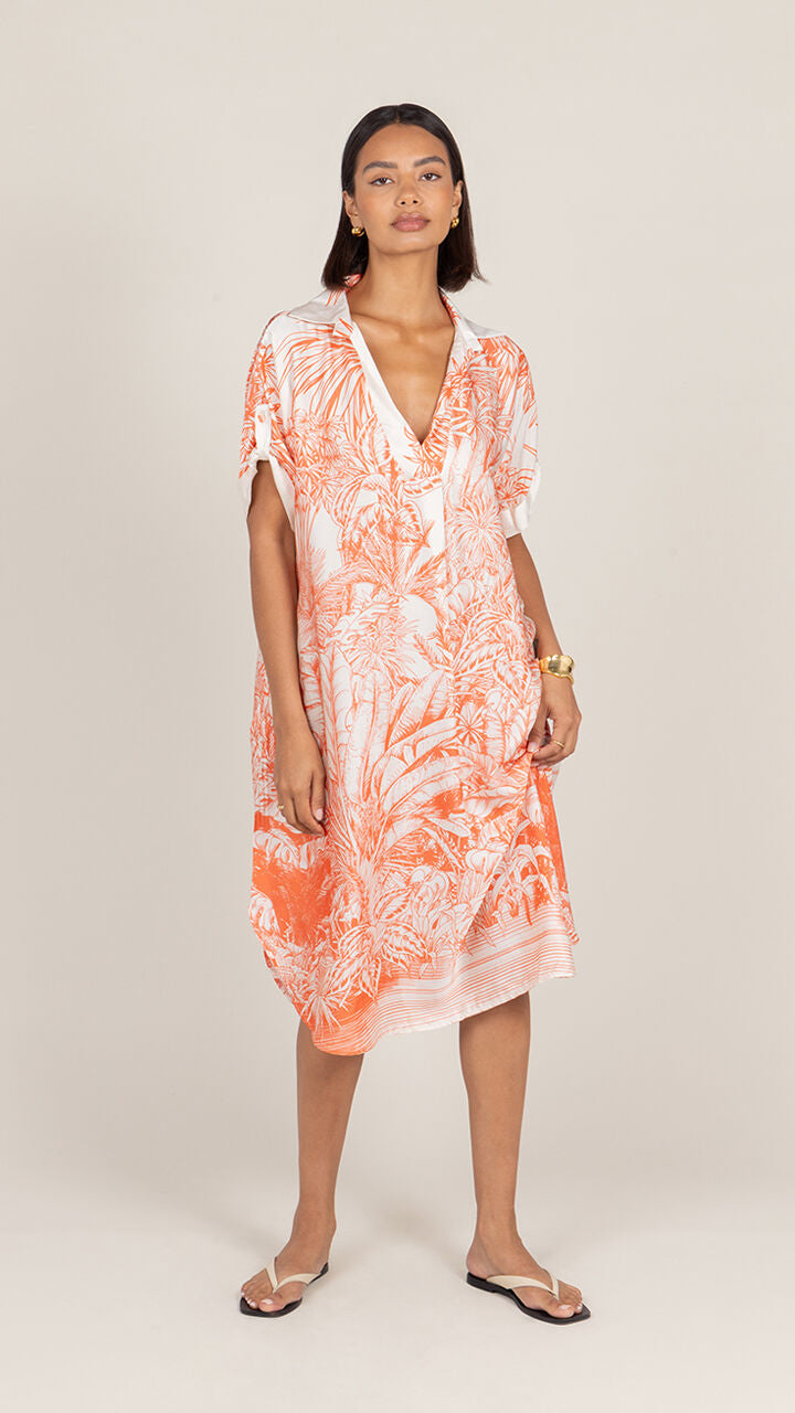 Marina Satin Dress - Coral Tropical Print