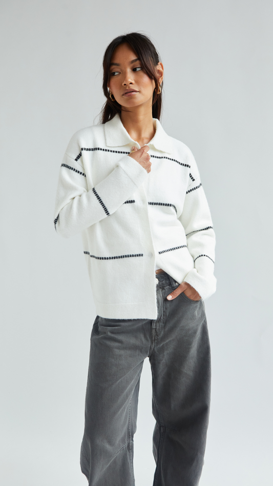 Clara Contrast Stitch Cardigan - Ivory Black