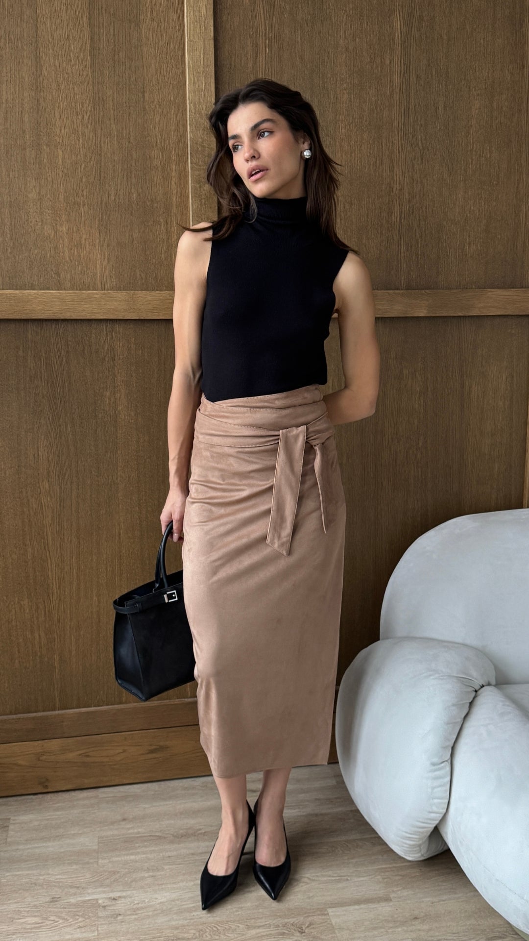 Livia Faux Suede Wrap Skirt - Tan