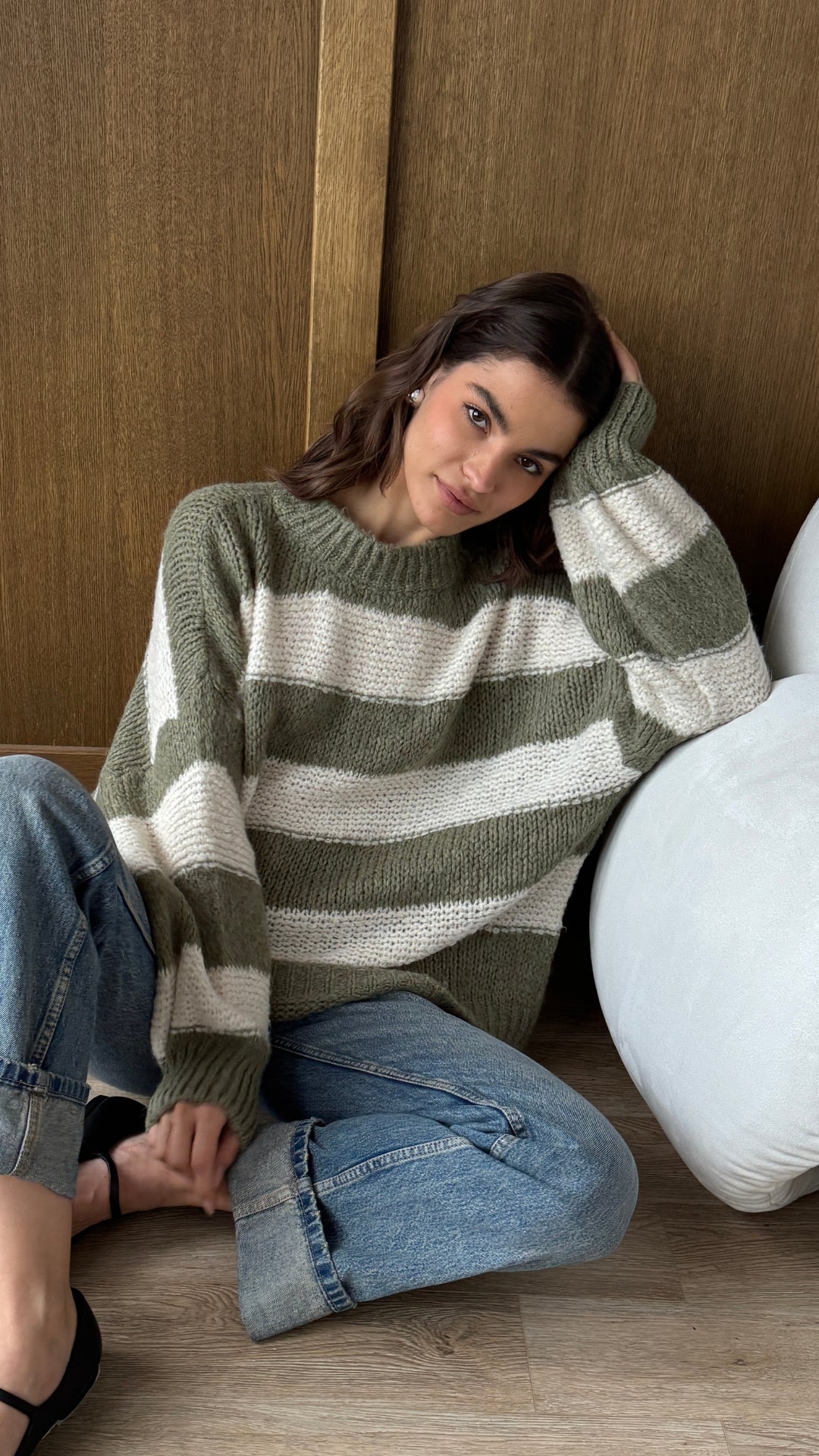 Maisie Sweater - Off-White - Khaki Stripes