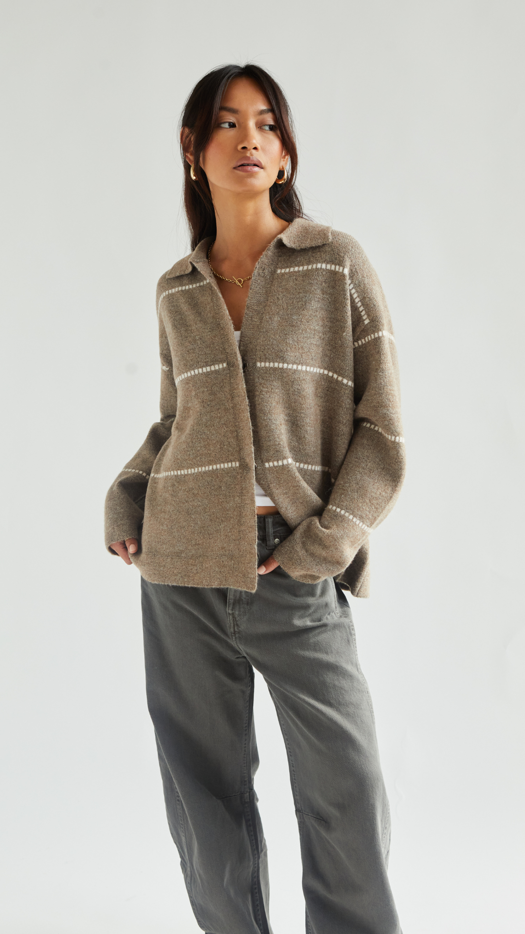 Clara Contrast Stitch Cardigan - Sand Ivory