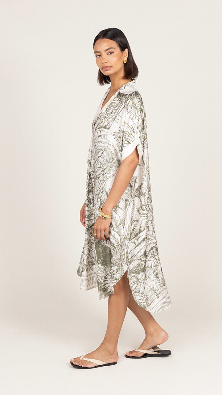 Marina Satin Dress - Khaki Tropical Print