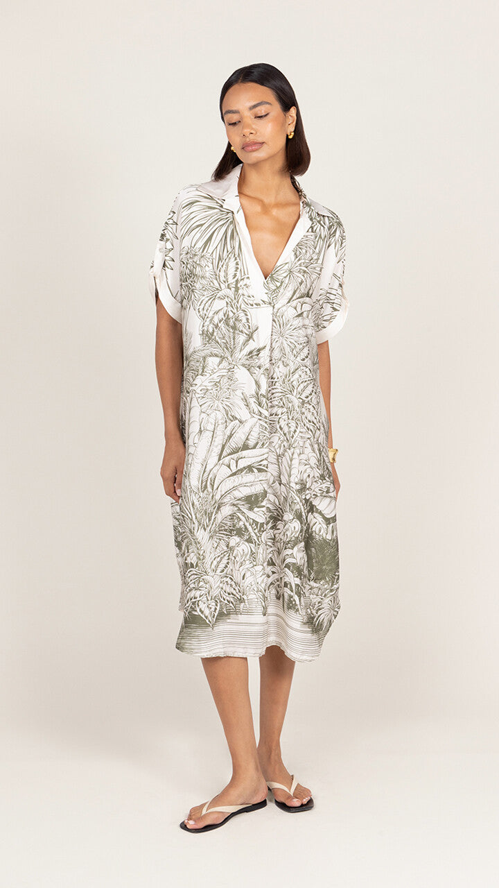 Marina Satin Dress - Khaki Tropical Print