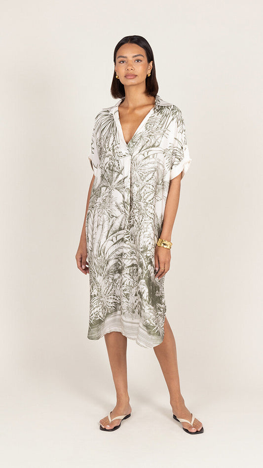 Marina Satin Dress - Khaki Tropical Print