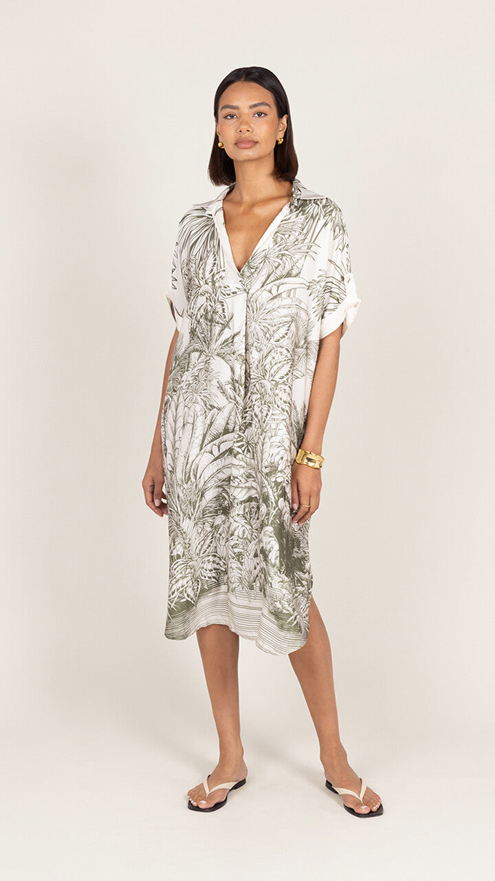 Marina Satin Dress - Khaki Tropical Print