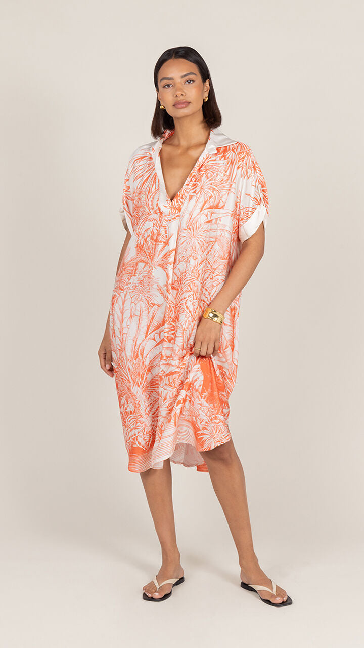 Marina Satin Dress - Coral Tropical Print