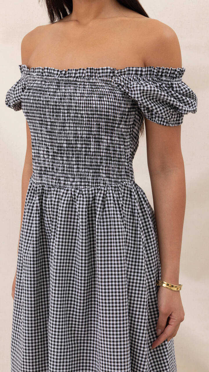 Mika Gingham Print Dress - Black Print