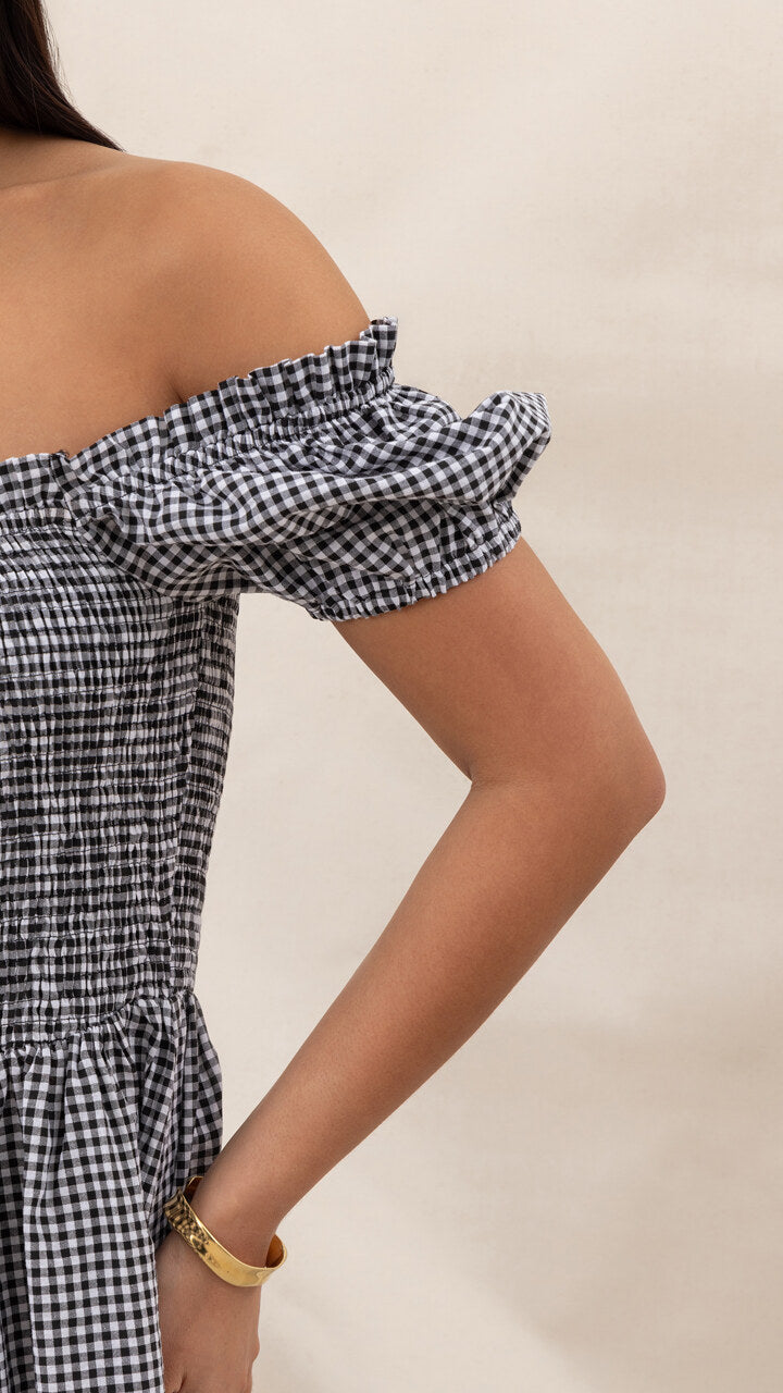 Mika Gingham Print Dress - Black Print